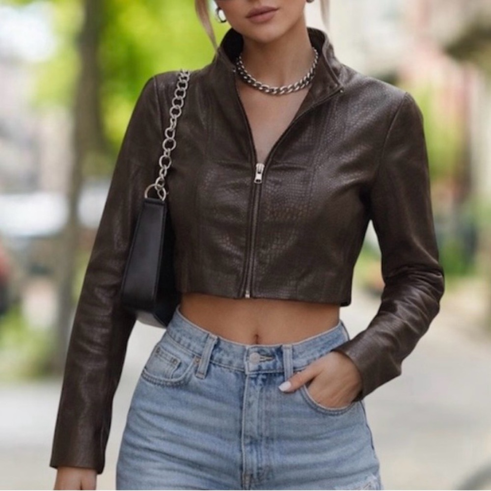 Danier Dark Brown Leather Cropped Jacket Snake Print